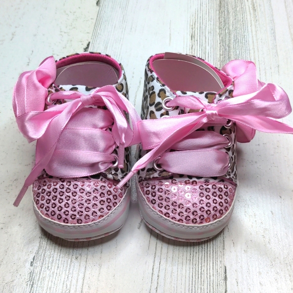 Shoes Baby Pink Sequin Leopard Ribbon Tie Rosette High Tops For Baby